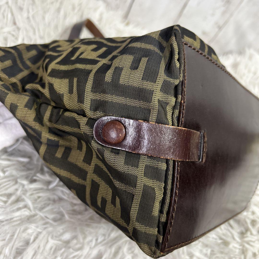 FENDI Hand Bag Tote Purse FF Zucca Zucchino Nylon Canvas Brown Authentic
