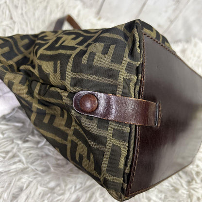 FENDI Hand Bag Tote Purse FF Zucca Zucchino Nylon Canvas Brown Authentic