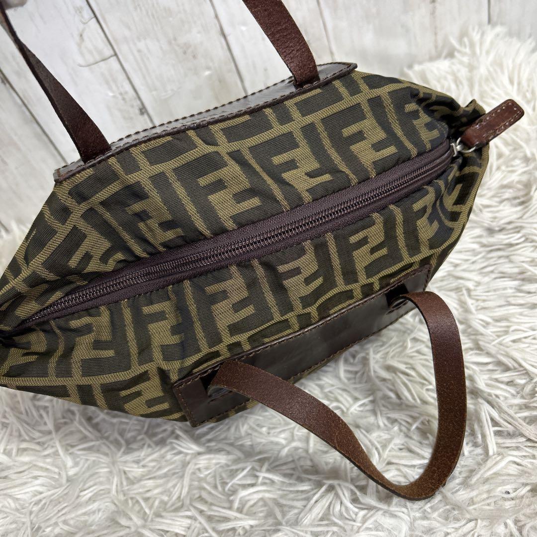 FENDI Hand Bag Tote Purse FF Zucca Zucchino Nylon Canvas Brown Authentic