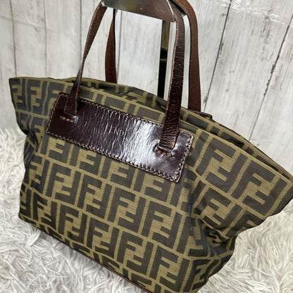 FENDI Hand Bag Tote Purse FF Zucca Zucchino Nylon Canvas Brown Authentic