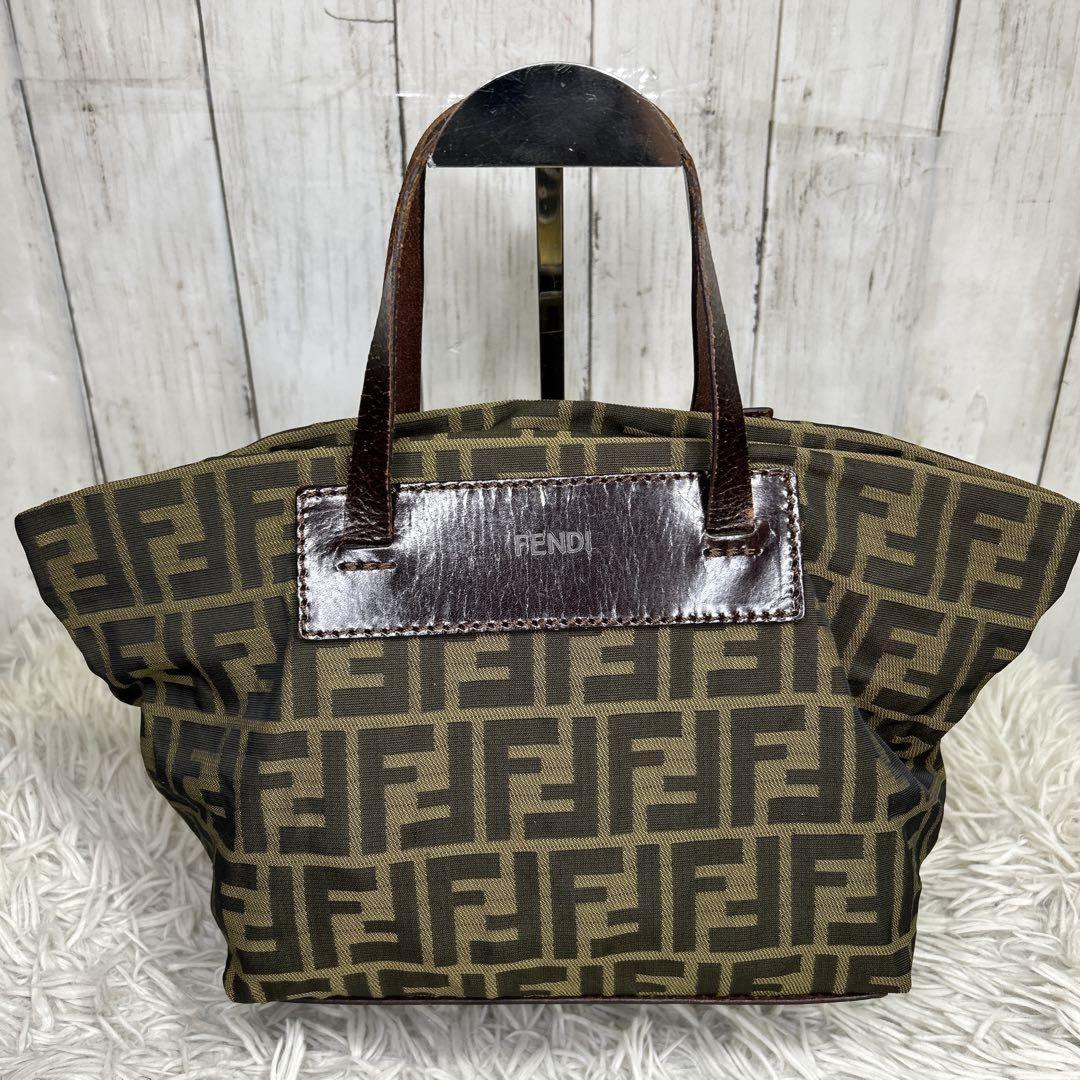 FENDI Hand Bag Tote Purse FF Zucca Zucchino Nylon Canvas Brown Authentic