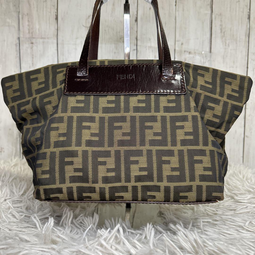 FENDI Hand Bag Tote Purse FF Zucca Zucchino Nylon Canvas Brown Authentic