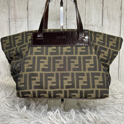 FENDI Hand Bag Tote Purse FF Zucca Zucchino Nylon Canvas Brown Authentic