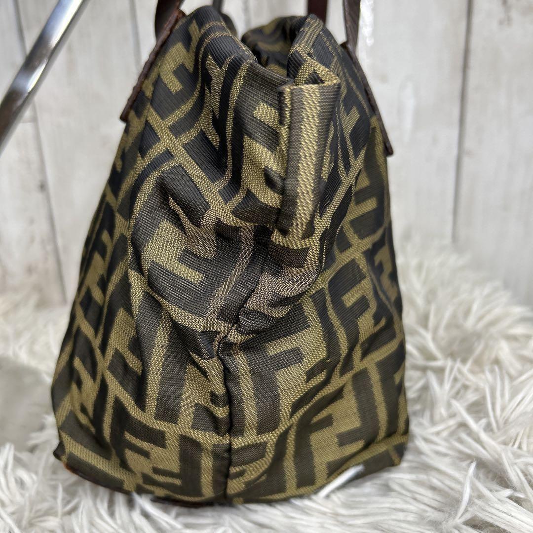 FENDI Hand Bag Tote Purse FF Zucca Zucchino Nylon Canvas Brown Authentic