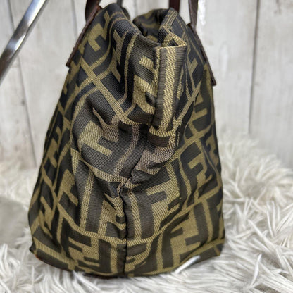 FENDI Hand Bag Tote Purse FF Zucca Zucchino Nylon Canvas Brown Authentic