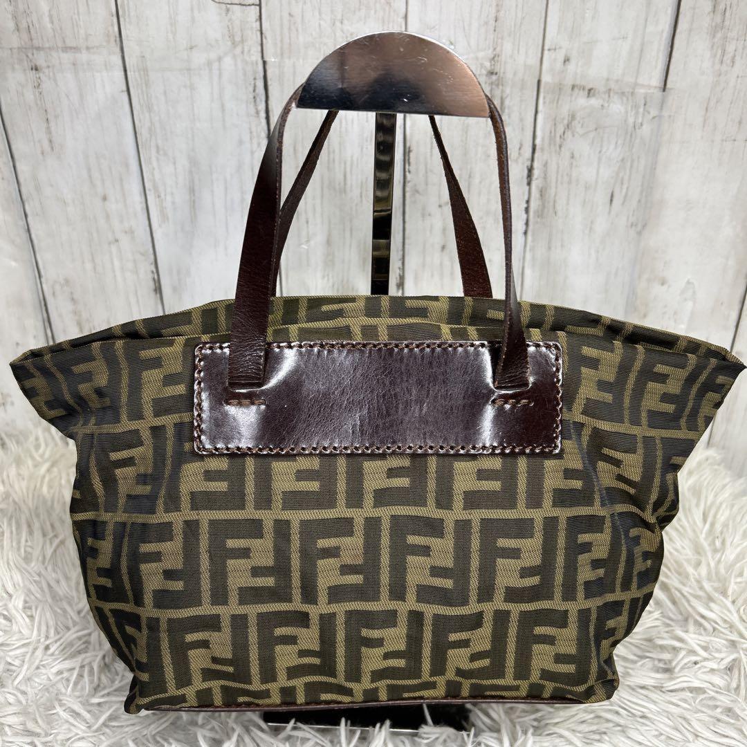 FENDI Hand Bag Tote Purse FF Zucca Zucchino Nylon Canvas Brown Authentic