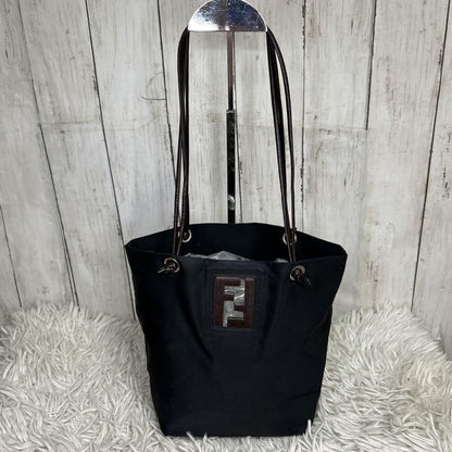 FENDI Hand Bag Tote Purse FF Leather Nylon Black Brown Authentic