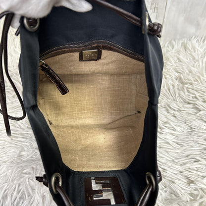 FENDI Hand Bag Tote Purse FF Leather Nylon Black Brown Authentic
