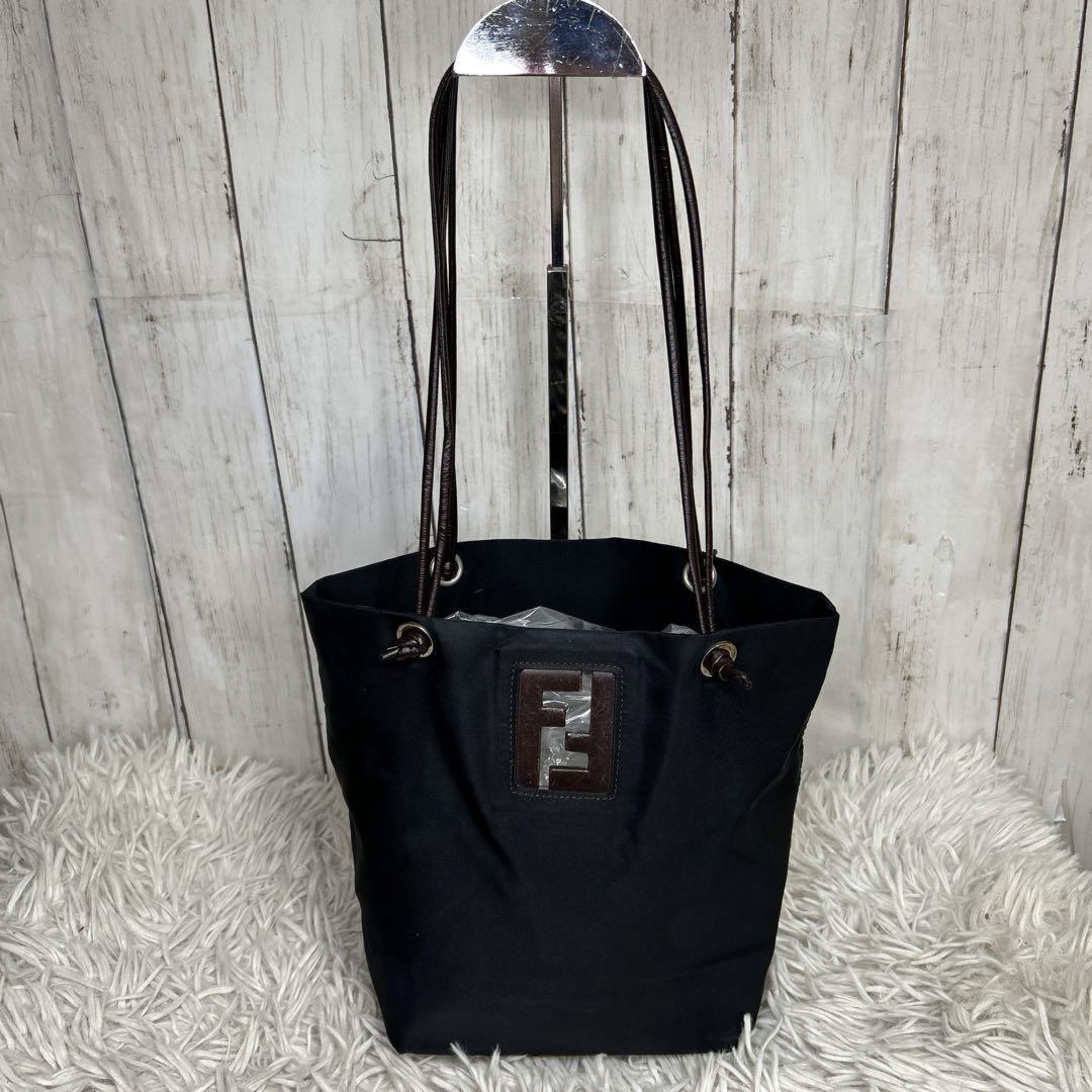 FENDI Hand Bag Tote Purse FF Leather Nylon Black Brown Authentic