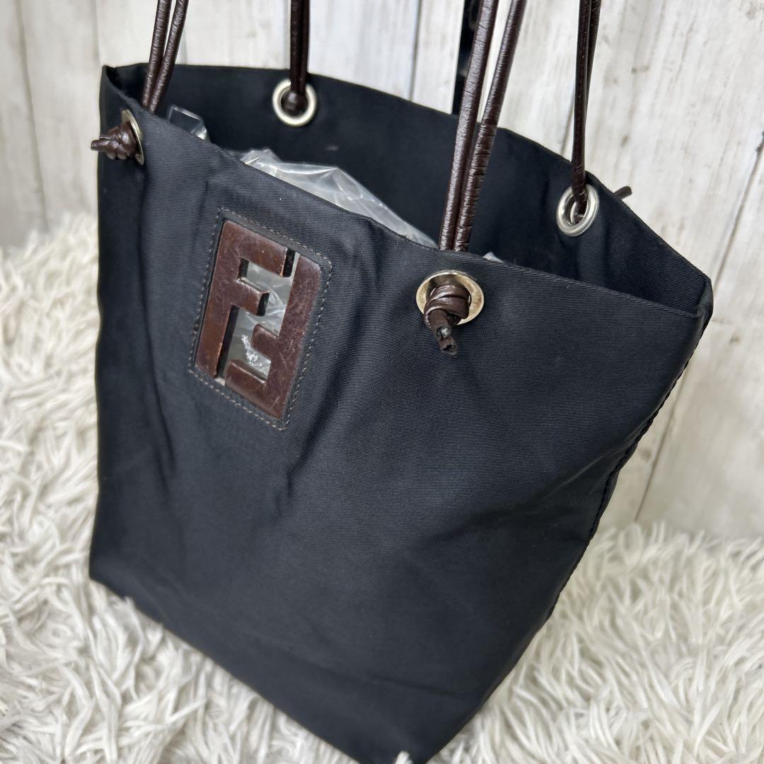 FENDI Hand Bag Tote Purse FF Leather Nylon Black Brown Authentic
