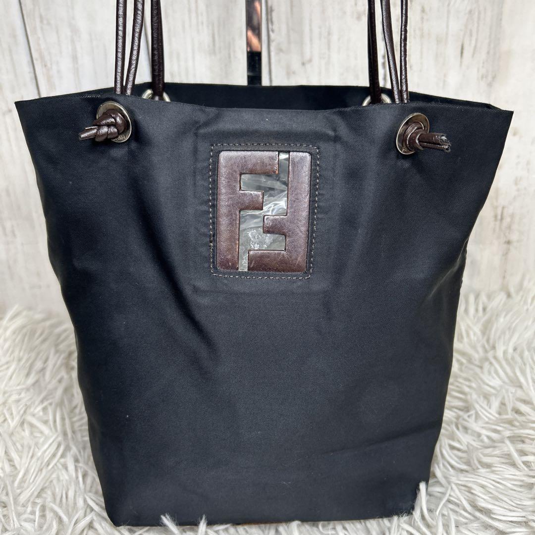 FENDI Hand Bag Tote Purse FF Leather Nylon Black Brown Authentic