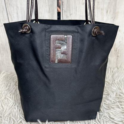 FENDI Hand Bag Tote Purse FF Leather Nylon Black Brown Authentic