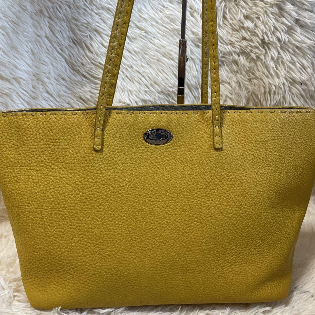 FENDI Hand Bag Tote Purse Selleria Leather Yellow Authentic
