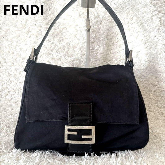FENDI Hand Shoulder Bag Tote Purse FF Baguette cotton jersey Black Authentic