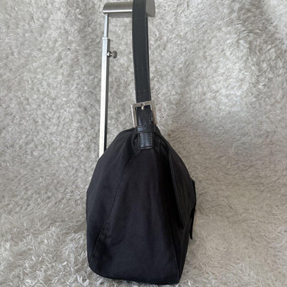 FENDI Hand Shoulder Bag Tote Purse FF Baguette cotton jersey Black Authentic