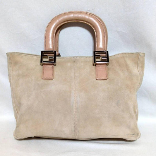 FENDI Hand Bag Tote Purse FF Suede Leather Beige Authentic