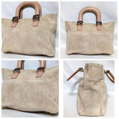 FENDI Hand Bag Tote Purse FF Suede Leather Beige Authentic