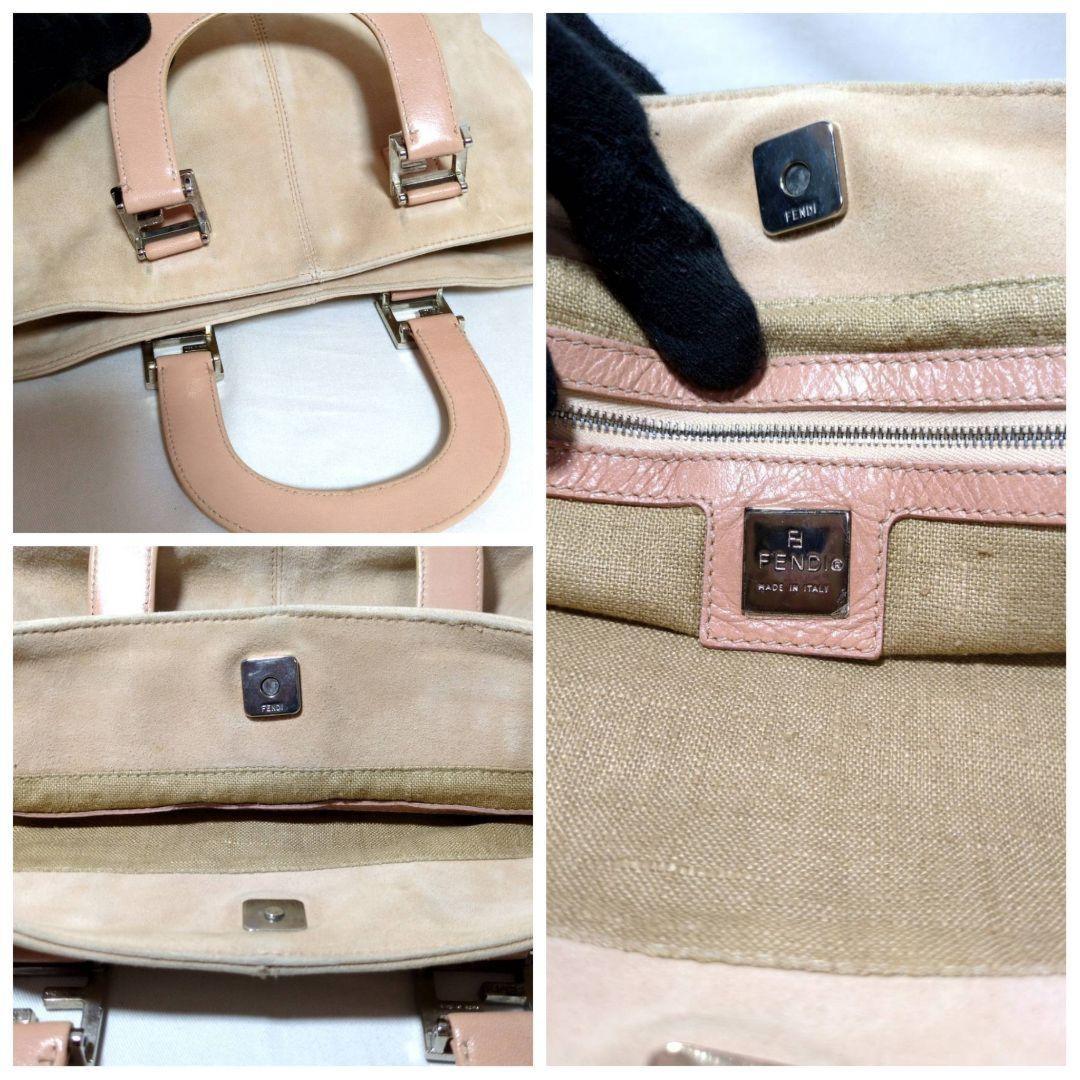 FENDI Hand Bag Tote Purse FF Suede Leather Beige Authentic