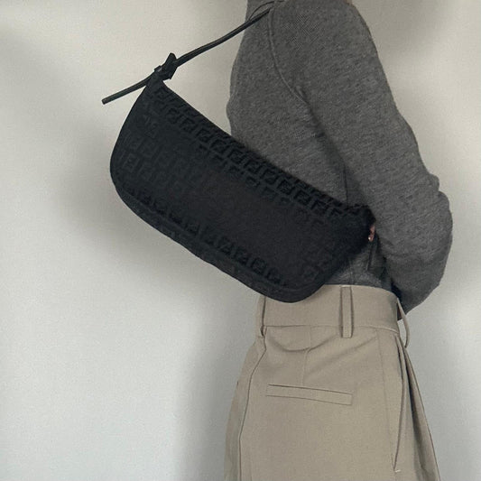 FENDI Bag Zucchino FF Pouch Shoulder Purse Canvas Black Used Authentic