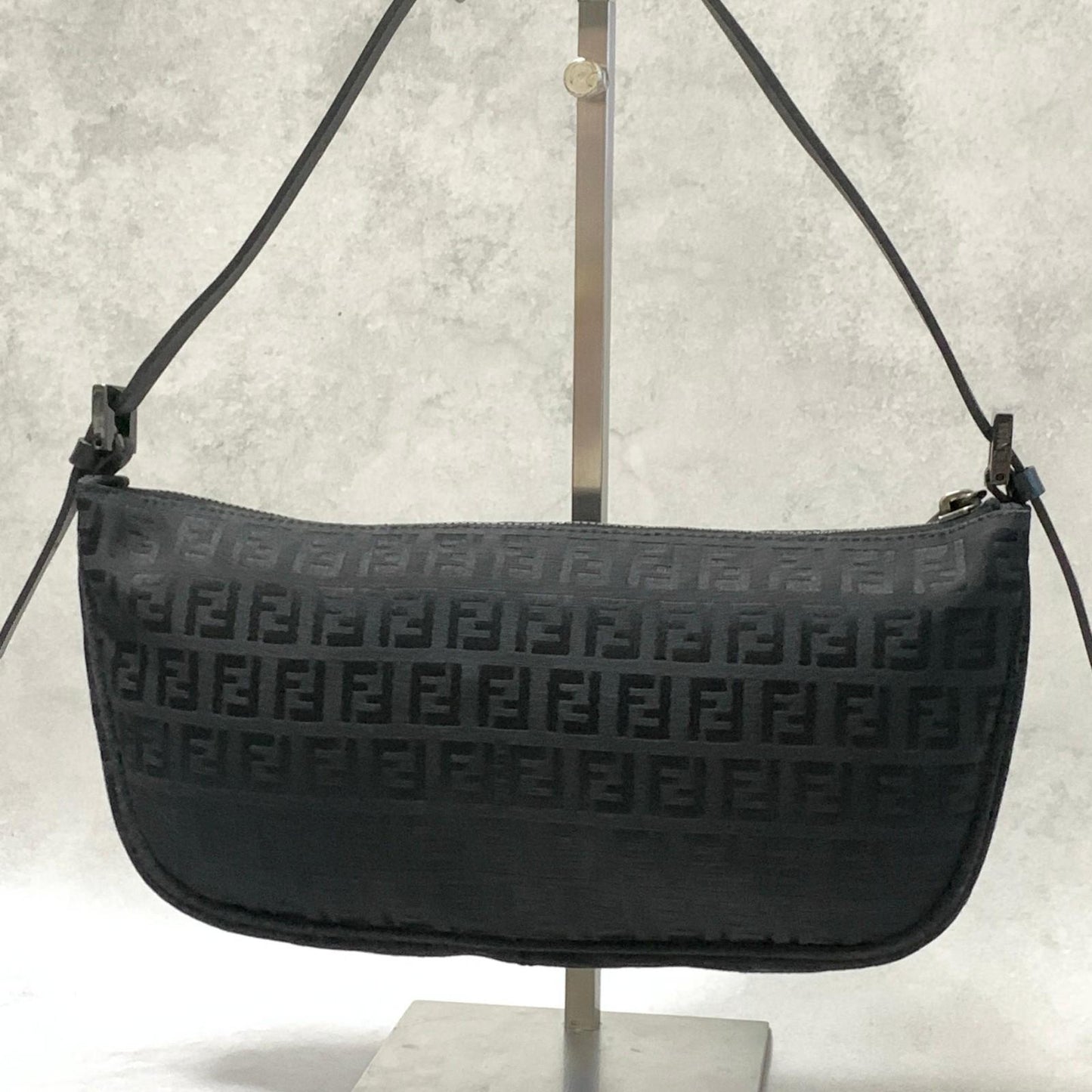 FENDI Bag Zucchino FF Pouch Shoulder Purse Canvas Black Used Authentic