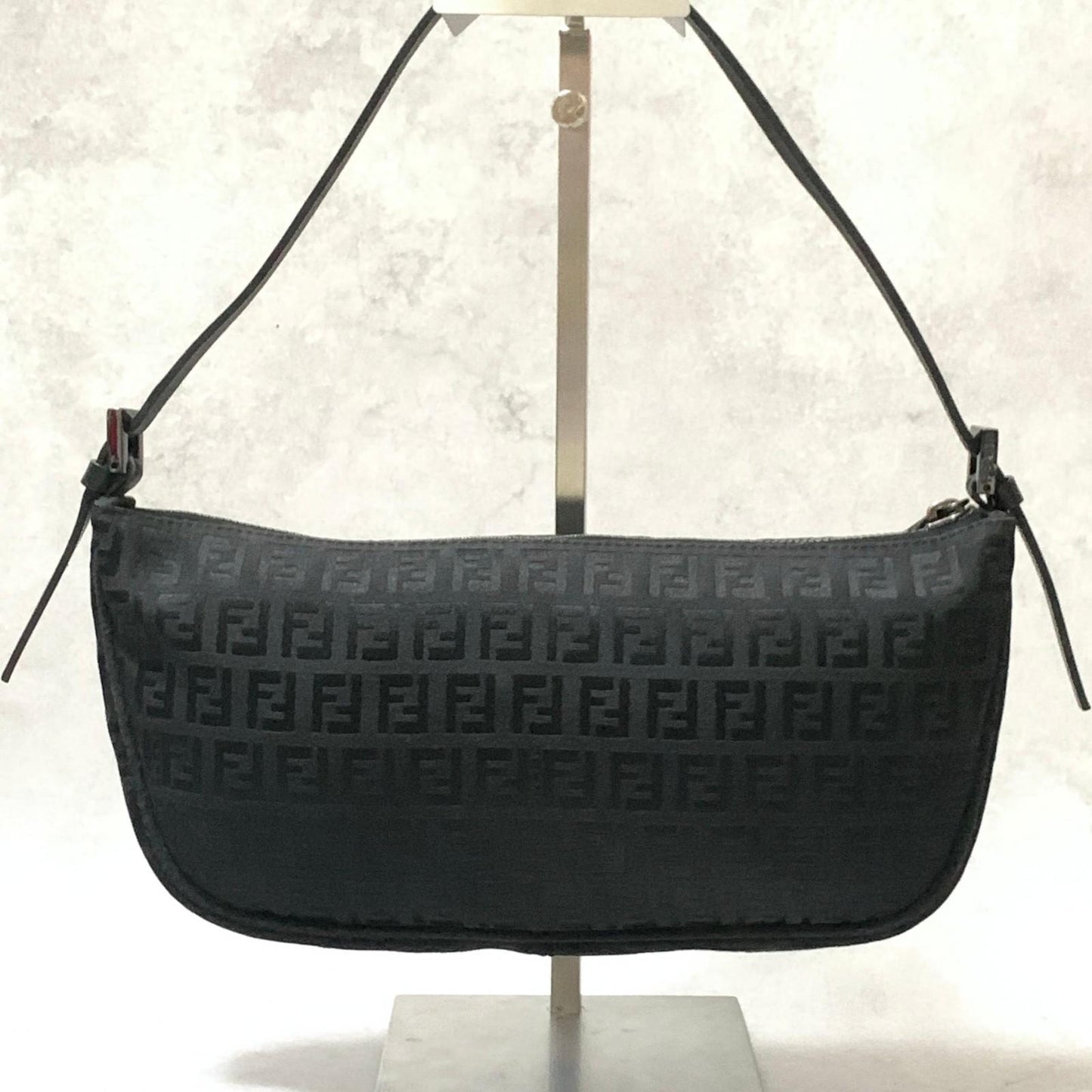 FENDI Bag Zucchino FF Pouch Shoulder Purse Canvas Black Used Authentic