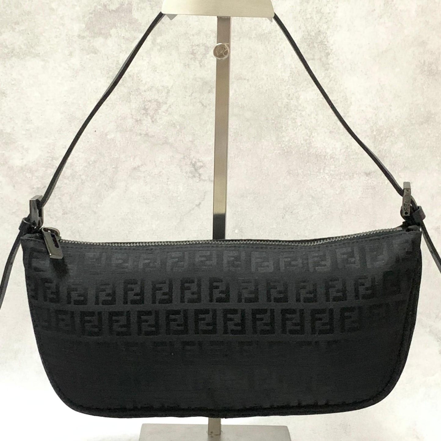FENDI Bag Zucchino FF Pouch Shoulder Purse Canvas Black Used Authentic