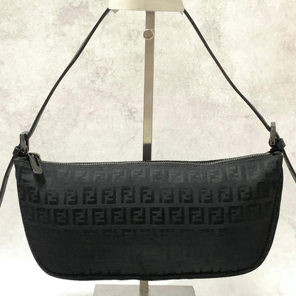 FENDI Bag Zucchino FF Pouch Shoulder Purse Canvas Black Used Authentic