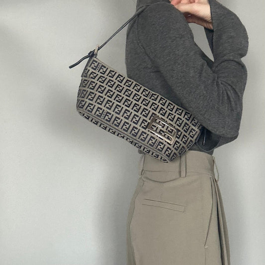 FENDI Bag FF Zucchino Mamma Baguette Pouch Shoulder Purse Canvas Gray Black Auth