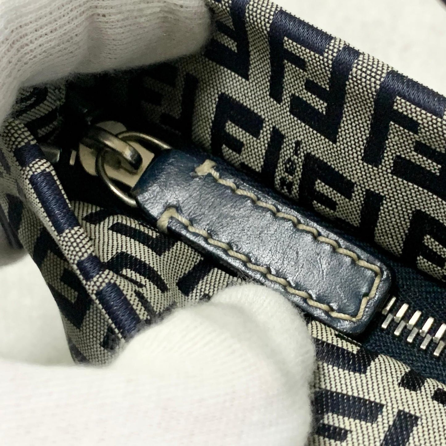 FENDI Bag FF Zucchino Mamma Baguette Pouch Shoulder Purse Canvas Gray Black Auth