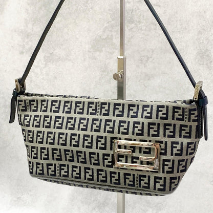 FENDI Bag FF Zucchino Mamma Baguette Pouch Shoulder Purse Canvas Gray Black Auth