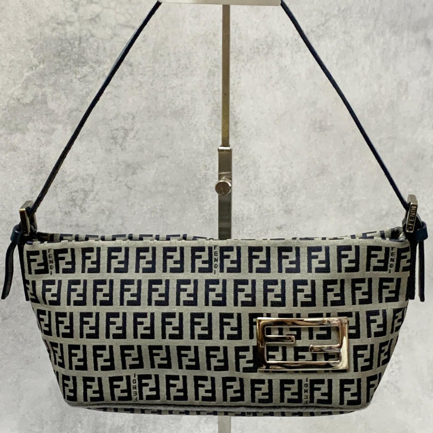 FENDI Bag FF Zucchino Mamma Baguette Pouch Shoulder Purse Canvas Gray Black Auth