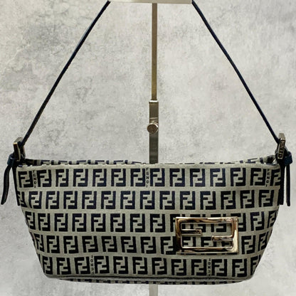 FENDI Bag FF Zucchino Mamma Baguette Pouch Shoulder Purse Canvas Gray Black Auth