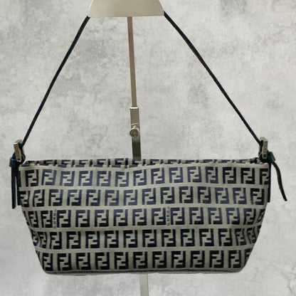 FENDI Bag FF Zucchino Mamma Baguette Pouch Shoulder Purse Canvas Gray Black Auth