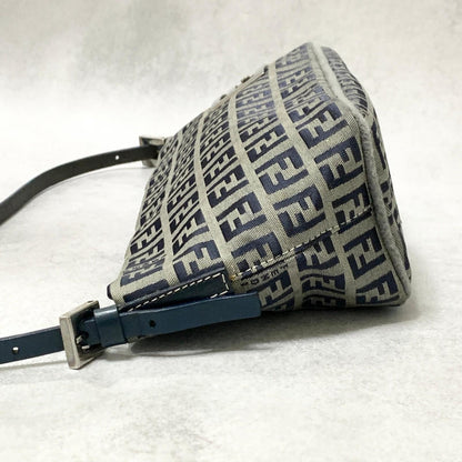FENDI Bag FF Zucchino Mamma Baguette Pouch Shoulder Purse Canvas Gray Black Auth