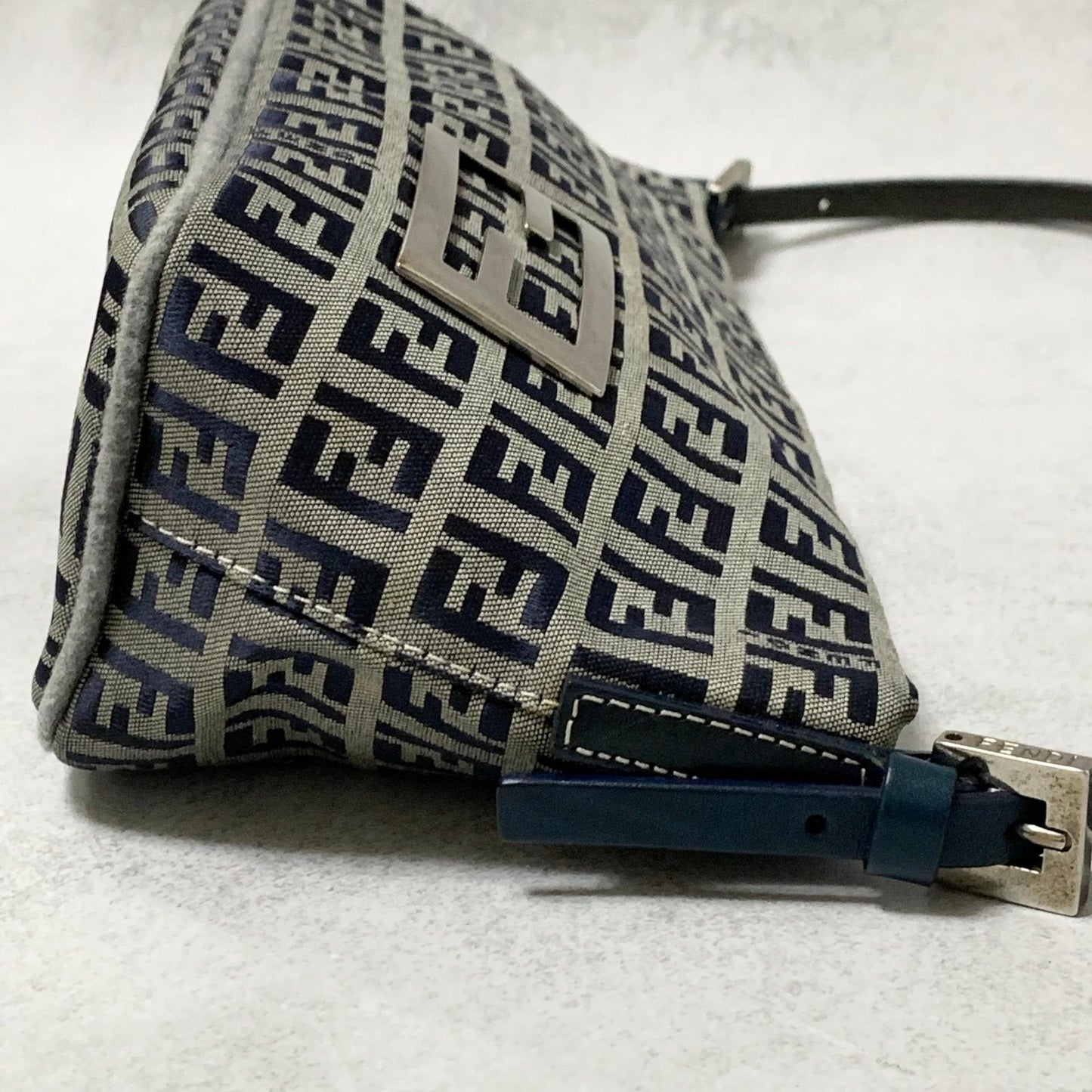 FENDI Bag FF Zucchino Mamma Baguette Pouch Shoulder Purse Canvas Gray Black Auth