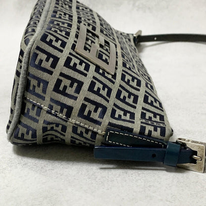 FENDI Bag FF Zucchino Mamma Baguette Pouch Shoulder Purse Canvas Gray Black Auth