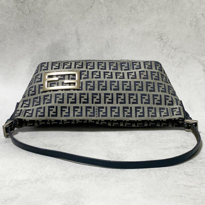 FENDI Bag FF Zucchino Mamma Baguette Pouch Shoulder Purse Canvas Gray Black Auth