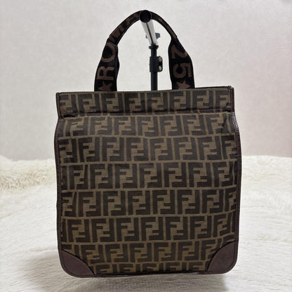 FENDI Hand Bag Tote Purse FF Zucca Brown Khaki Authentic