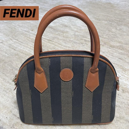 FENDI Hand Bag Tote Purse FF Pecan PVC Leather Khaki Black Authentic
