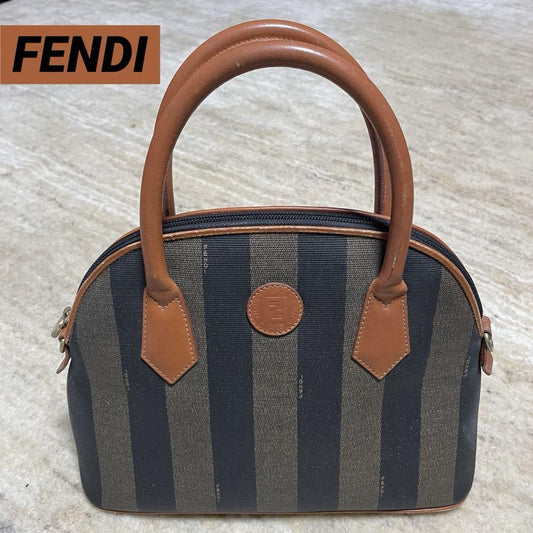 FENDI Hand Bag Tote Purse FF Pecan PVC Leather Khaki Black Authentic