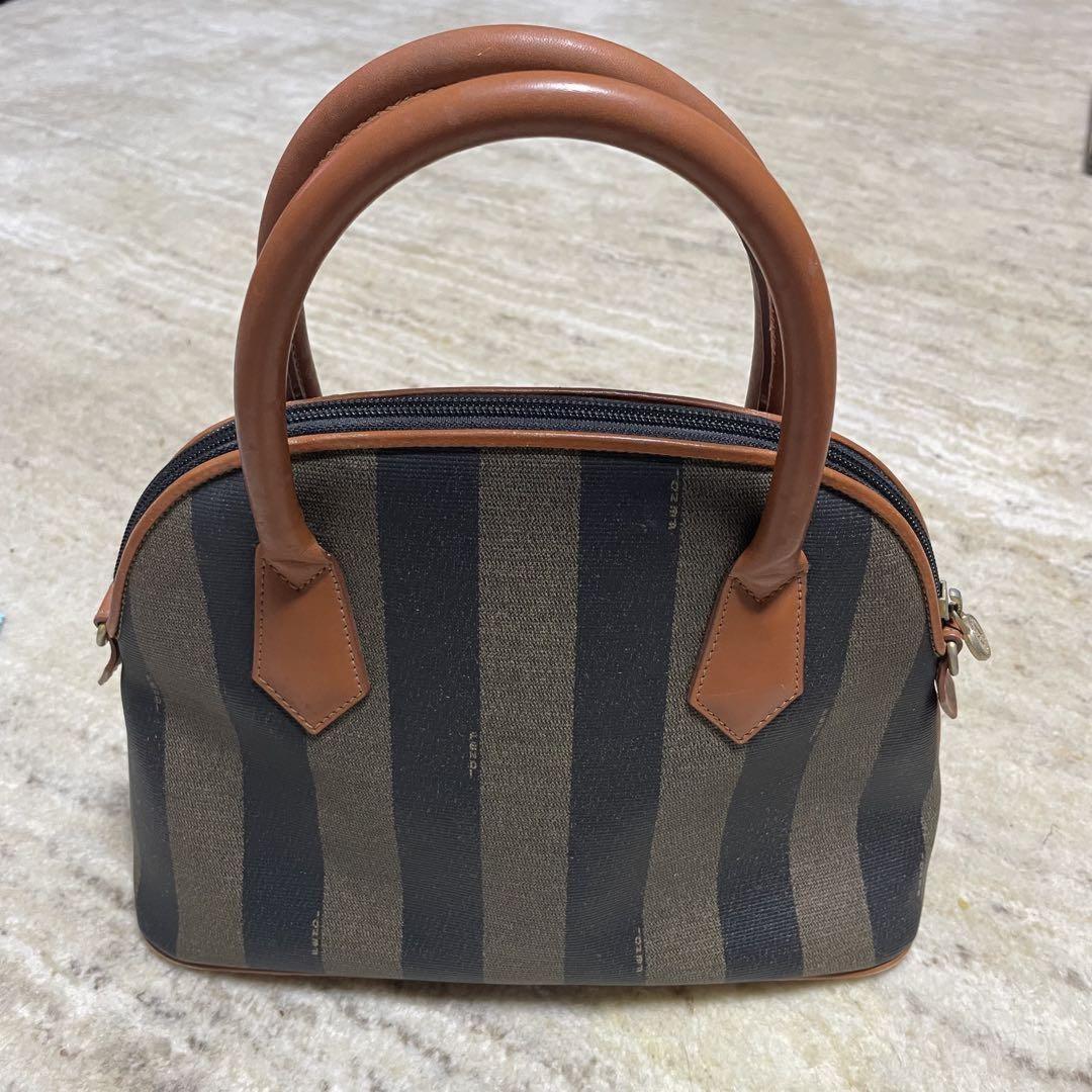 FENDI Hand Bag Tote Purse FF Pecan PVC Leather Khaki Black Authentic