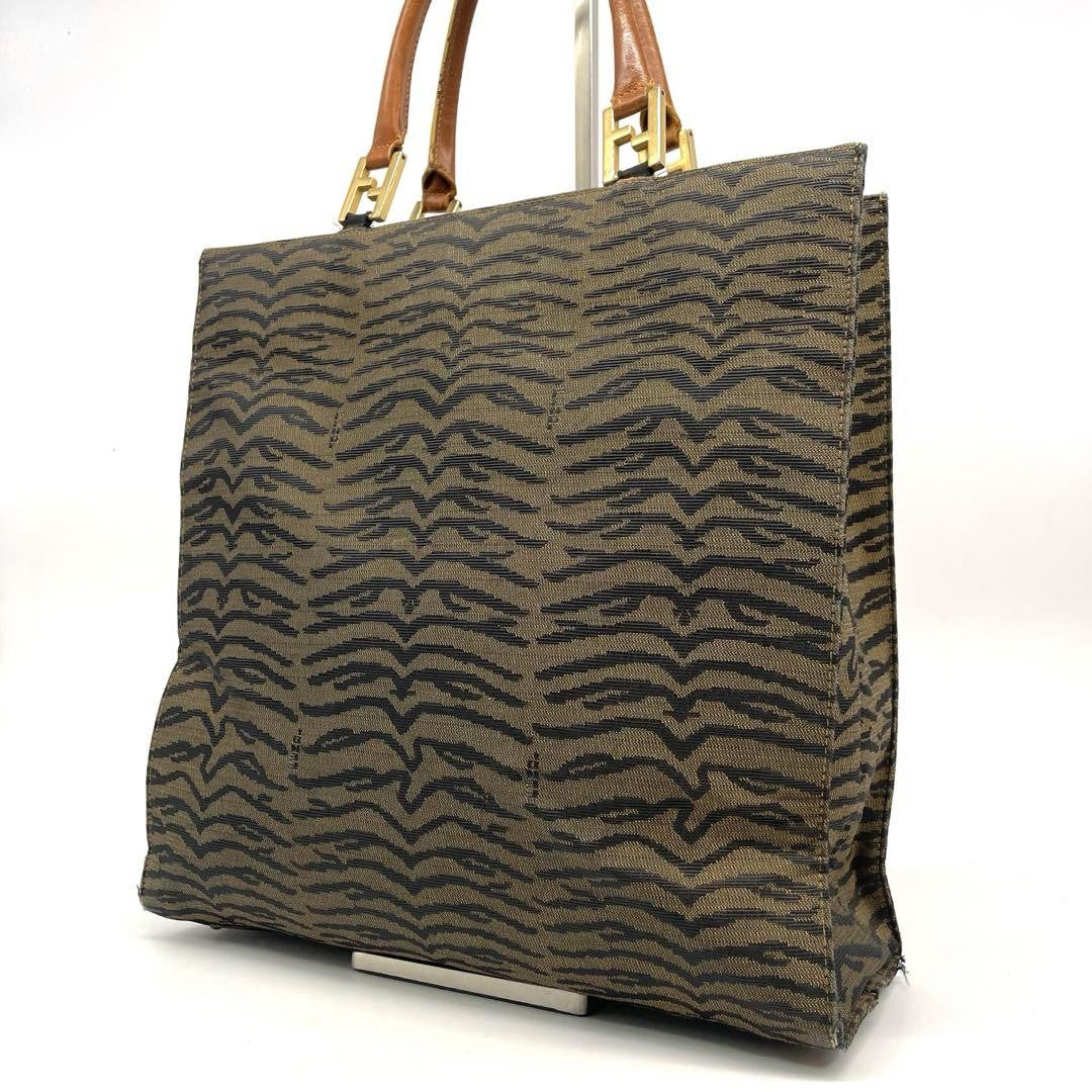 FENDI Hand Bag Tote Purse FF Zebra Canvas Leather Brown Authentic