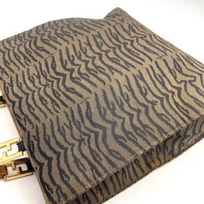 FENDI Hand Bag Tote Purse FF Zebra Canvas Leather Brown Authentic