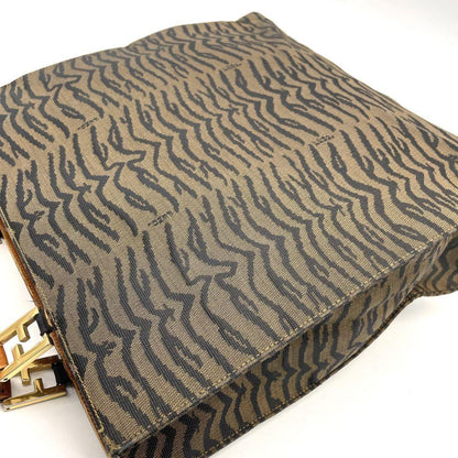 FENDI Hand Bag Tote Purse FF Zebra Canvas Leather Brown Authentic