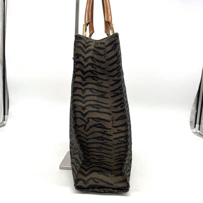 FENDI Hand Bag Tote Purse FF Zebra Canvas Leather Brown Authentic