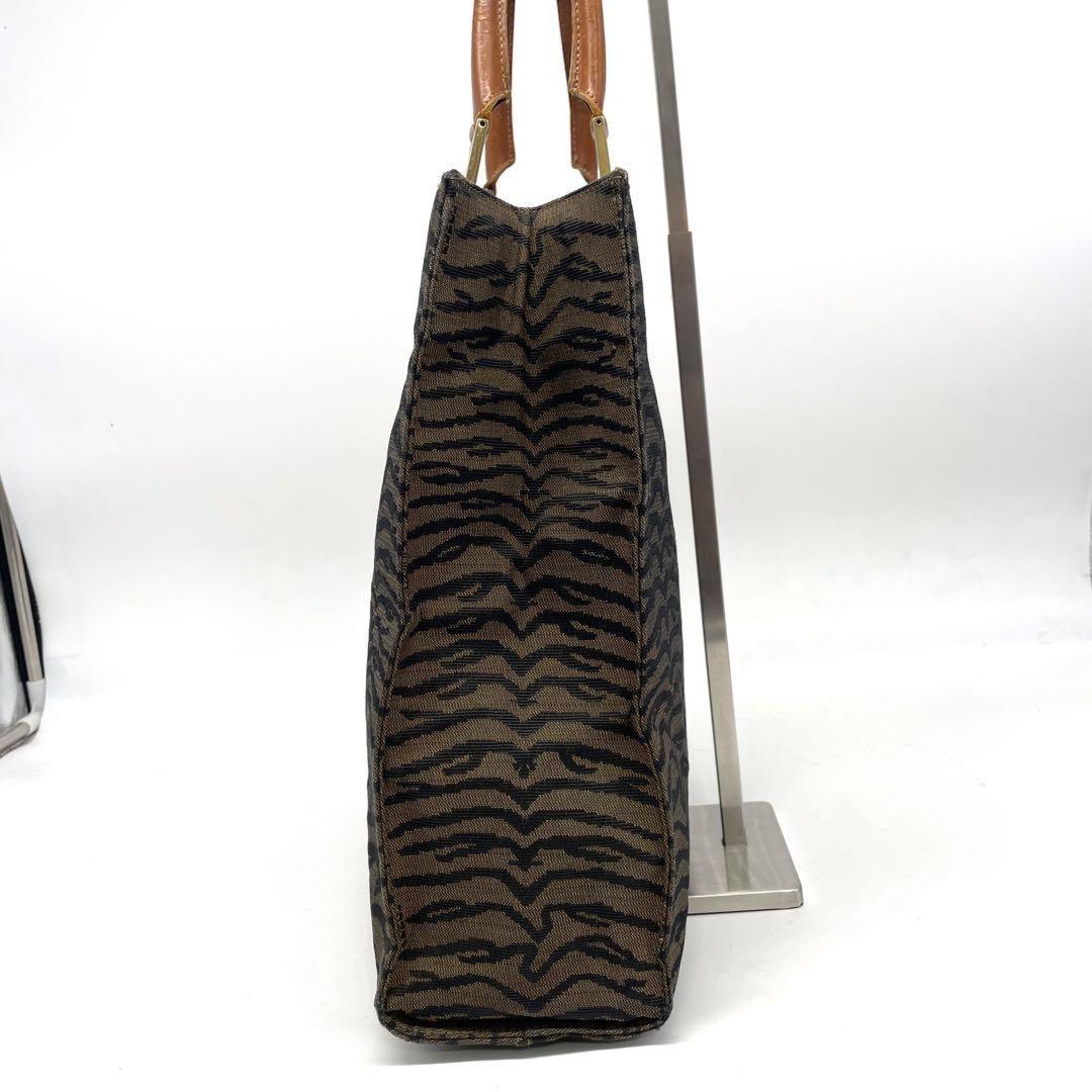 FENDI Hand Bag Tote Purse FF Zebra Canvas Leather Brown Authentic