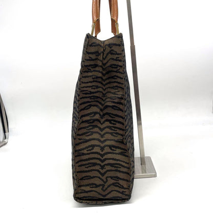FENDI Hand Bag Tote Purse FF Zebra Canvas Leather Brown Authentic