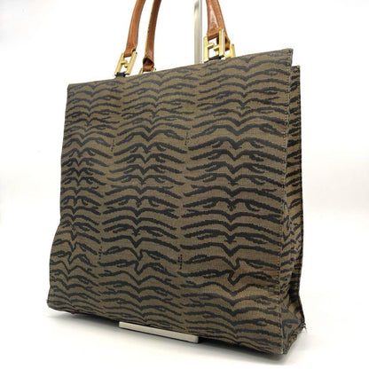 FENDI Hand Bag Tote Purse FF Zebra Canvas Leather Brown Authentic