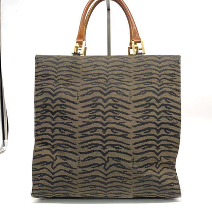 FENDI Hand Bag Tote Purse FF Zebra Canvas Leather Brown Authentic