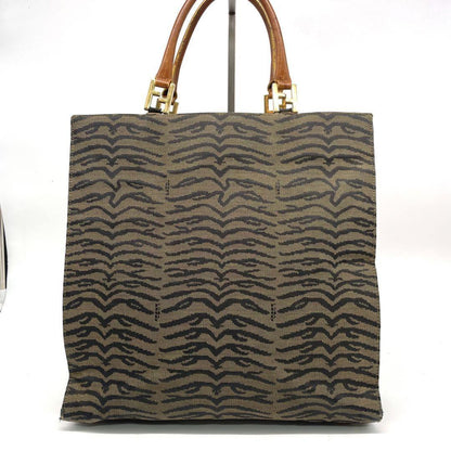 FENDI Hand Bag Tote Purse FF Zebra Canvas Leather Brown Authentic